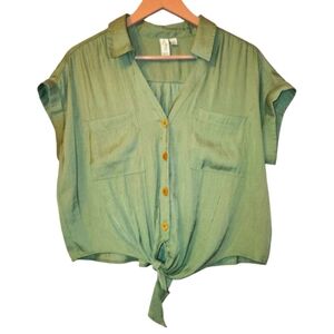 JOIE Women’s Tie Front Cargo Shirt with Short Sleeves, Olive Green, Size L